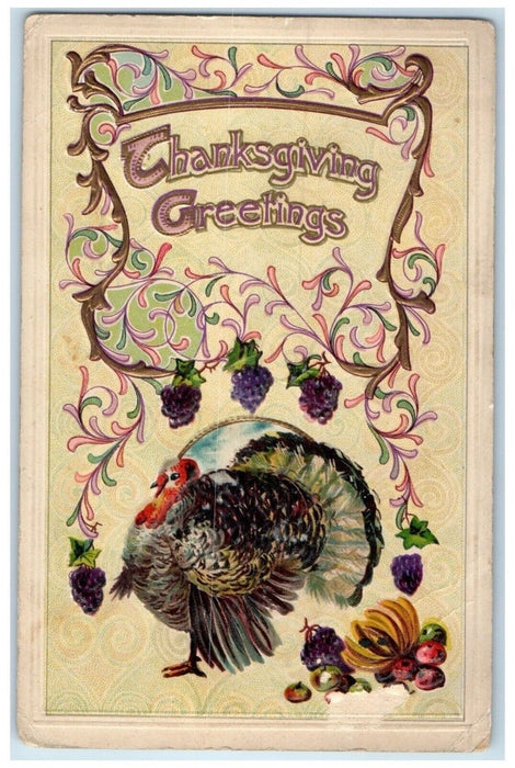c1910's Thanksgiving Greetings Turkey And Fruits Winsch Back Embossed Postcard