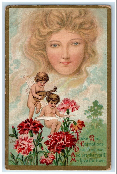 1914 Angels Playing Banjo Flowers Fantasy Cedar Minnesota MN Antique Postcard