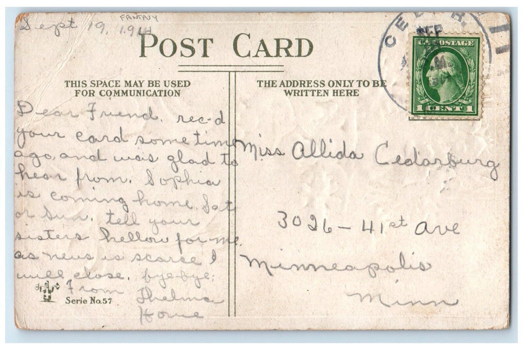 1914 Angels Playing Banjo Flowers Fantasy Cedar Minnesota MN Antique Postcard