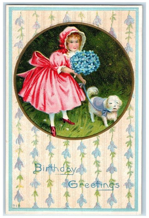 c1910's Birthday Greeting Woman Flowers And Cute Dog Embossed Antique Postcard