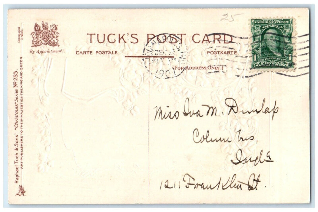 1907 Christmas Message Religious Angels Embossed Indianapolis Indiana Postcard