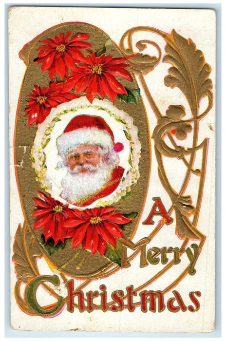 c1910's Christmas Santa Claus Poinsettia Flowers Embossed Antique Postcard