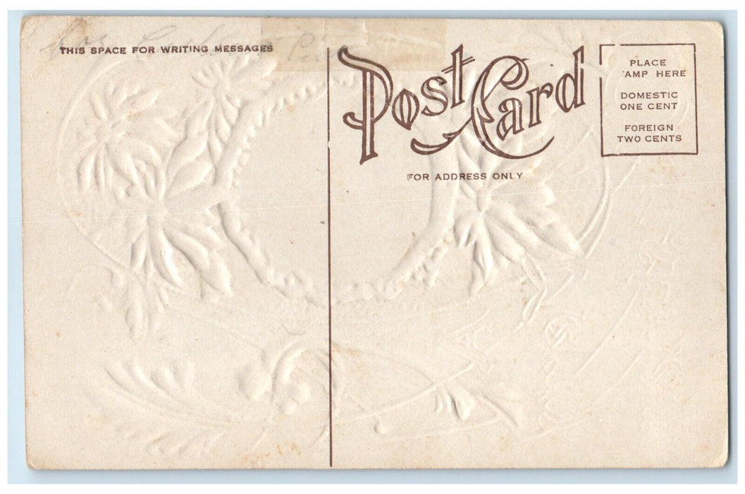 c1910's Christmas Santa Claus Poinsettia Flowers Embossed Antique Postcard
