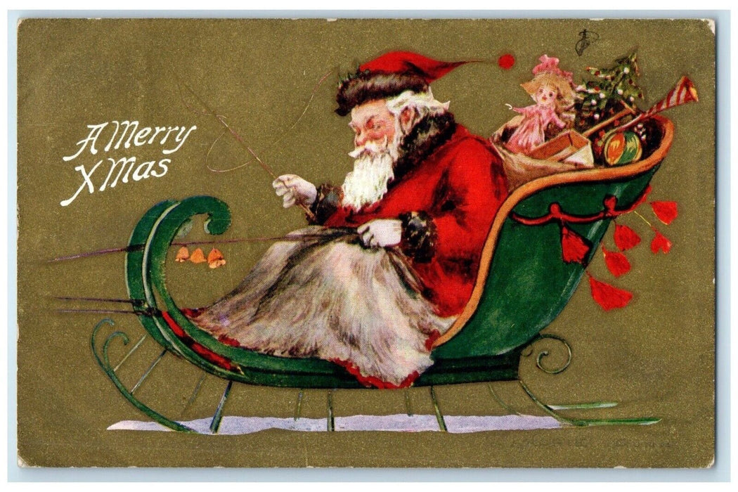 c1910's Christmas Santa Claus With Toys Sled Worthington MN Antique Postcard
