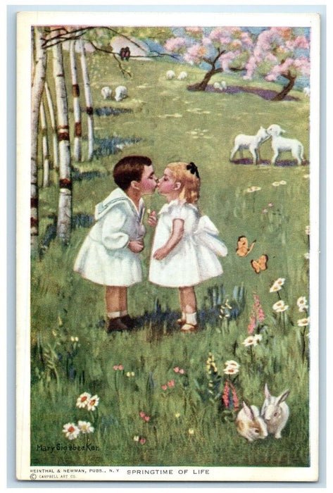 c1910's Little Sweetheart Kissing Springtime Of Life Mary Sigebeeker Postcard