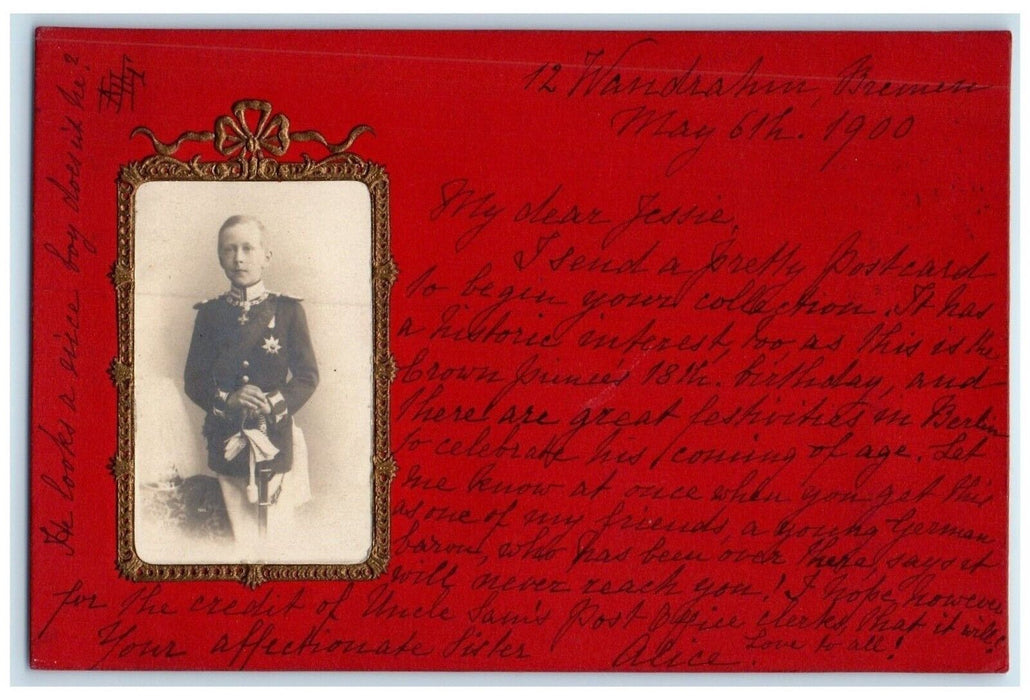 1900 Boy Soldier Studio Portrait Embossed Posted Antique Postcard