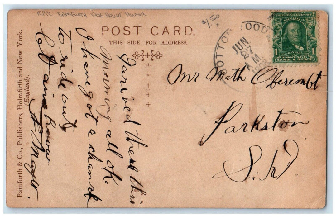 1908 Man In Dog House Humor RPPC Photo Bamforth Posted Antique Postcard