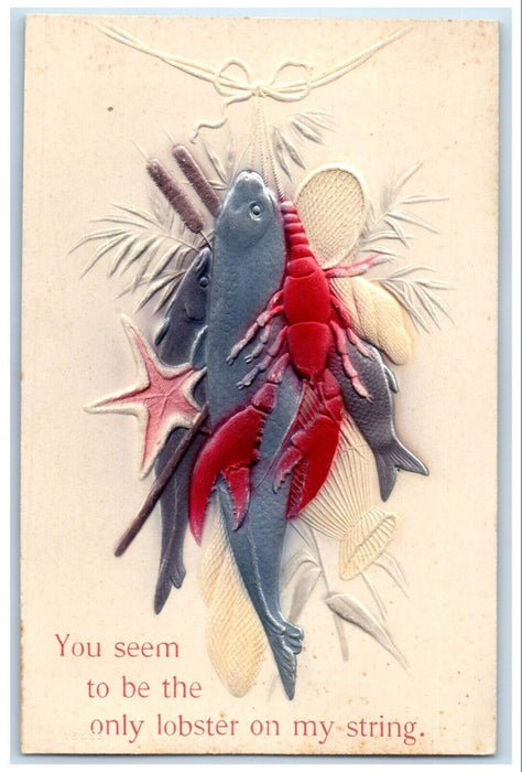 c1910's Catches Fishes Lobster Starfish Airbrushed Embossed Antique Postcard