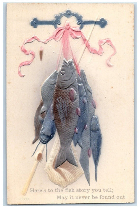c1910's Catches Fishes Ribbon Airbrushed Embossed Unposted Antique Postcard