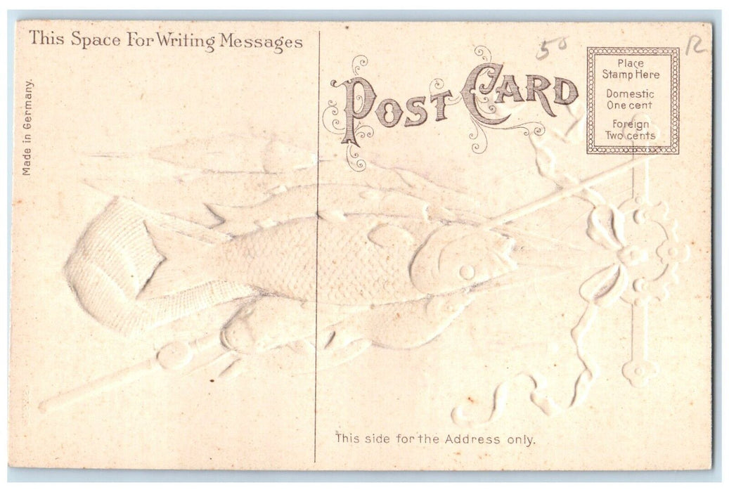 c1910's Catches Fishes Ribbon Airbrushed Embossed Unposted Antique Postcard