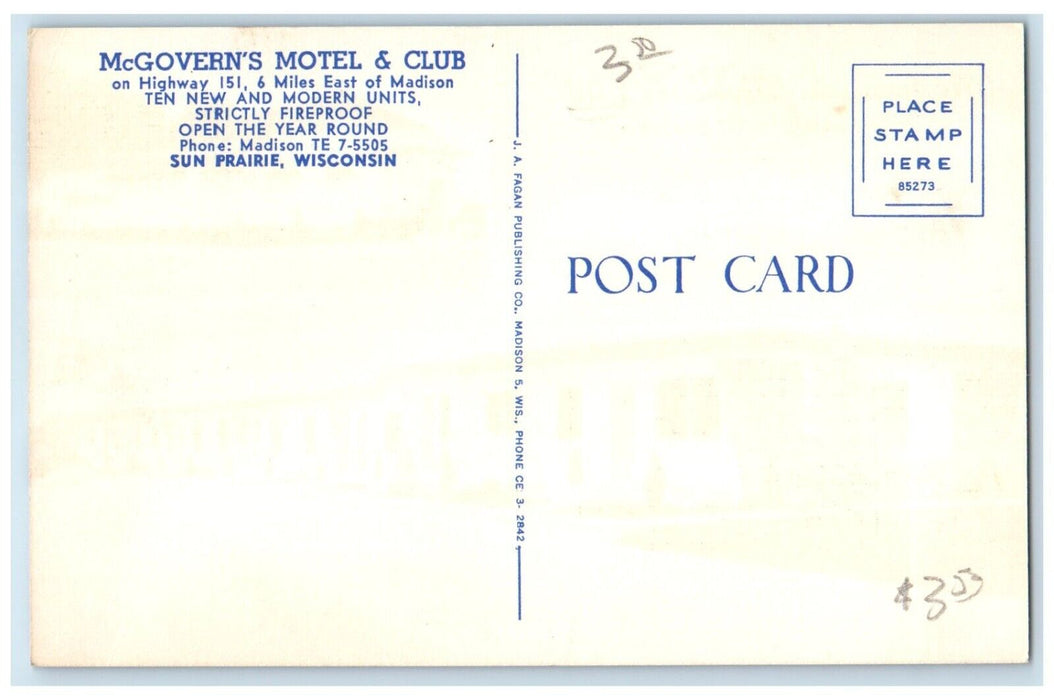 c1950's Mc Govern's Motel & Club Sun Prairie Wisconsin WI Dual View Postcard
