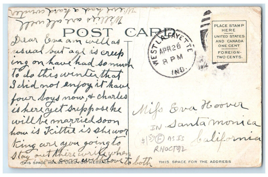 1912 East Side Court House Square La Fayette Monument Indiana IN Posted Postcard