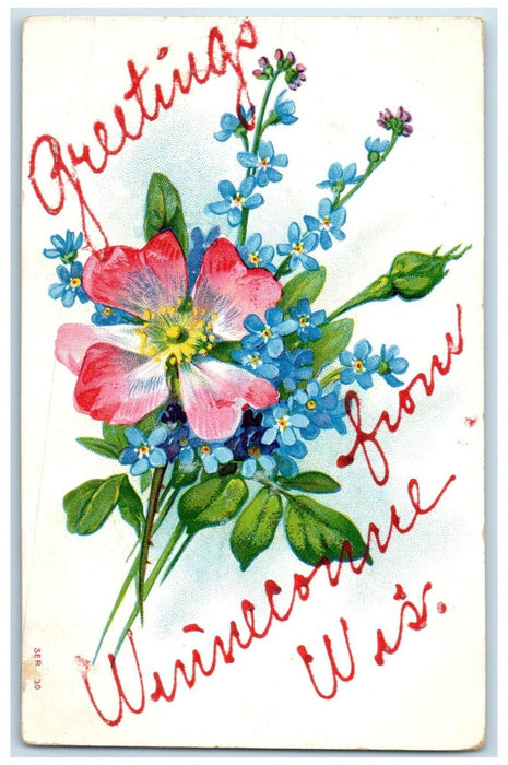 1908 Greetings From Winneconne Wisconsin WI Flowers Posted Antique Postcard