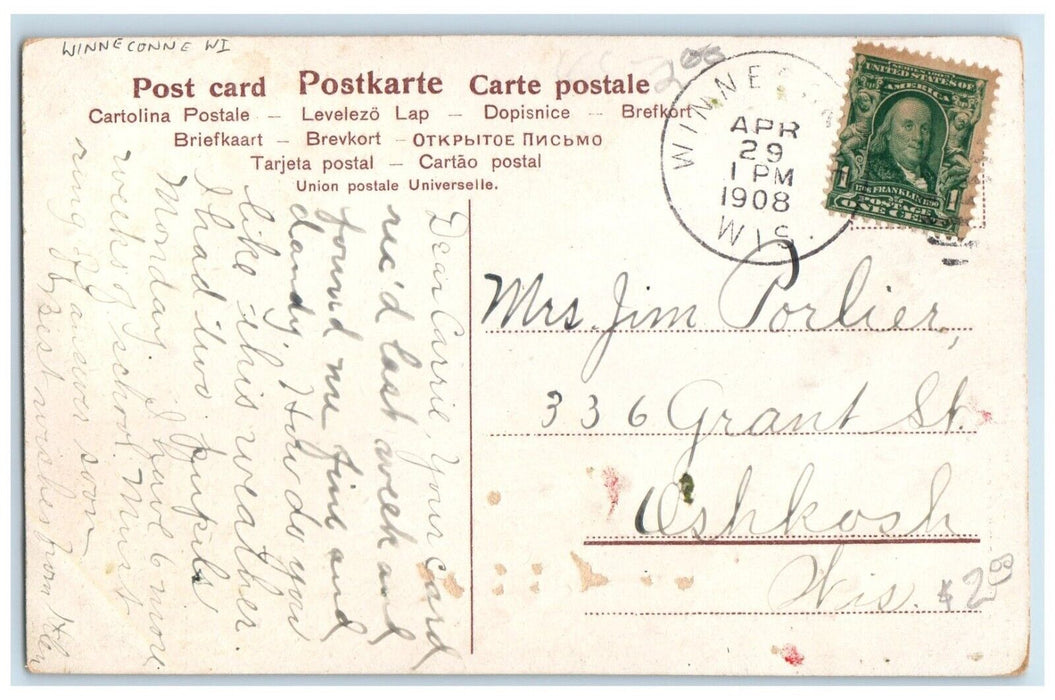 1908 Greetings From Winneconne Wisconsin WI Flowers Posted Antique Postcard