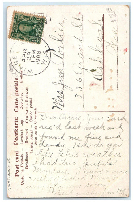 1908 Greetings From Winneconne Wisconsin WI Flowers Posted Antique Postcard