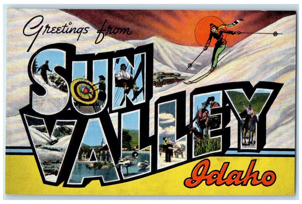 c1940 Banner Big Letters Greetings Sun Valley Idaho ID Vintage Unposted Postcard