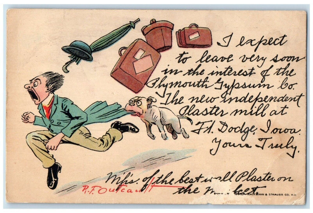 1905 Dog Chasing Man Outcault Fort Dodge Iowa IA Winnipeg Canada Posted Postcard