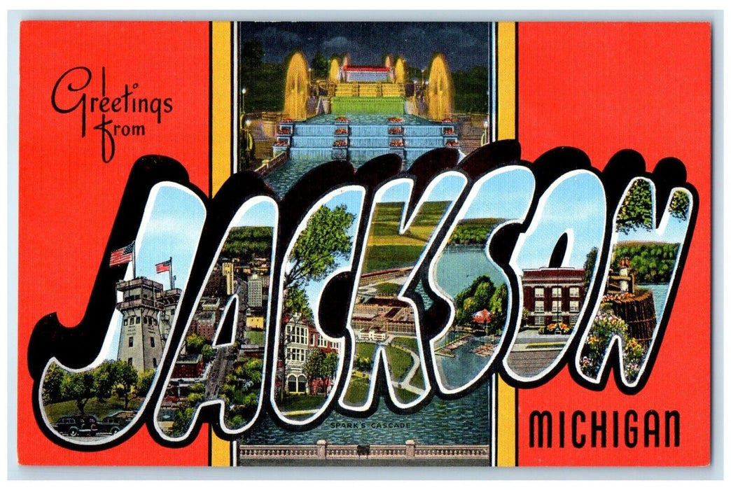 c1940 Banner Big Letters Greetings Jackson Michigan MI Vintage Unposted Postcard