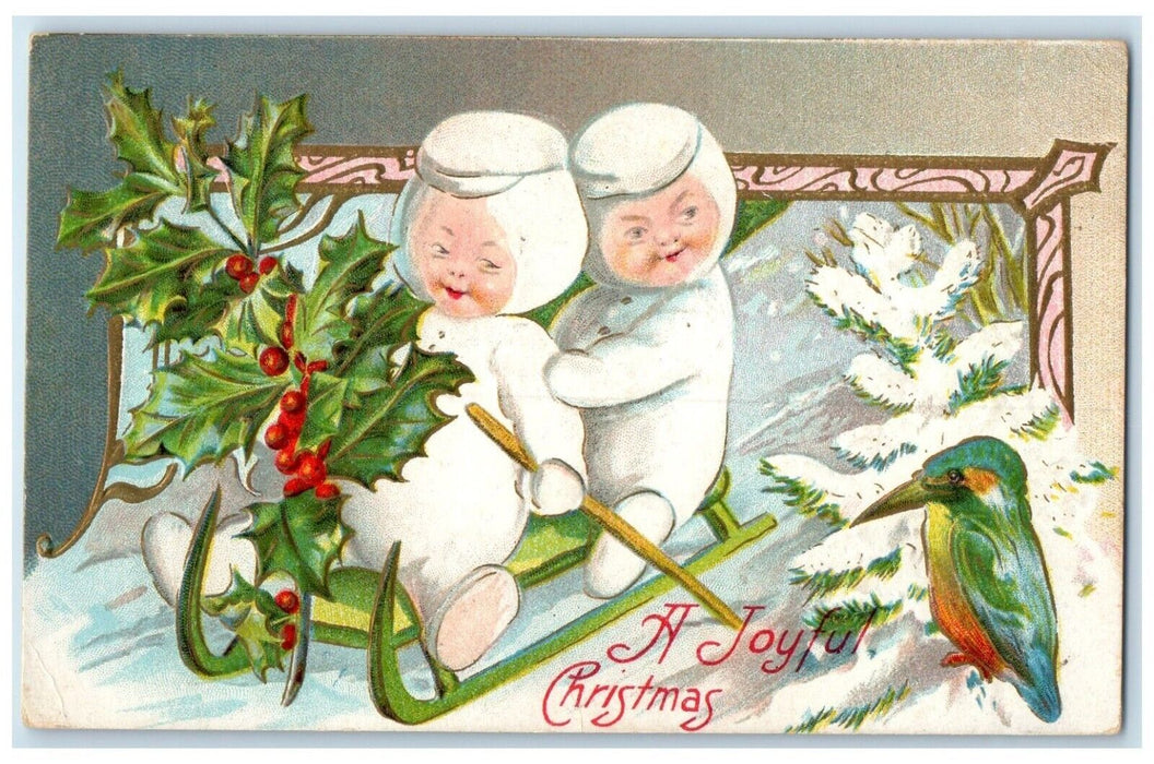 1912 Christmas Children Sledding Winter Holly Berries Pony Montana MT Postcard