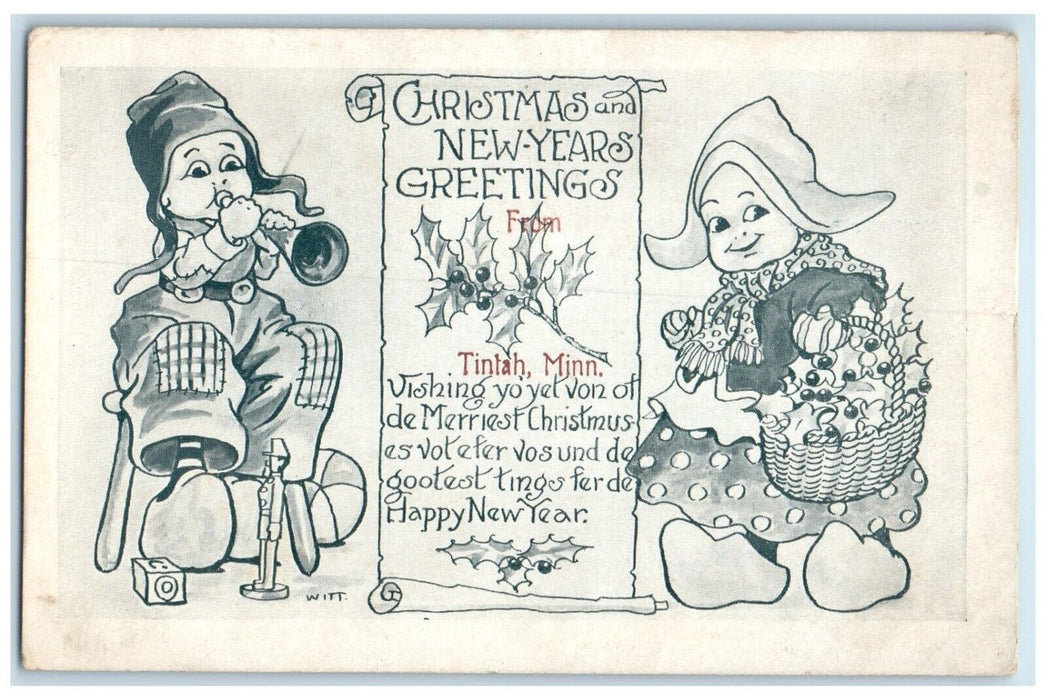 1912 Christmas New Year Greetings Dutch Kids Trumpet Berries Tinlah MN Postcard