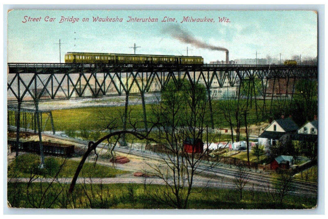 1909 Street Car Bridge Waukesha Interurban Line Milwaukee Wisconsin WI Postcard