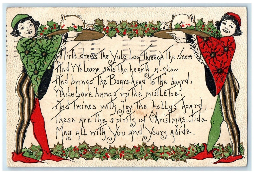 1910 Twin Girls Holly Berries St. Paul Minnesota MN Embossed HBG Postcard