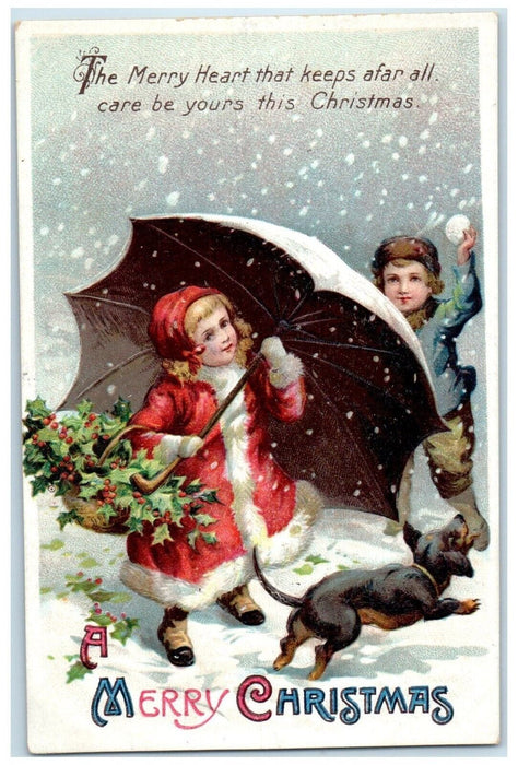c1910s Christmas Kids Snowball Fighting Snowfall Dog Berries Clapsaddle Postcard