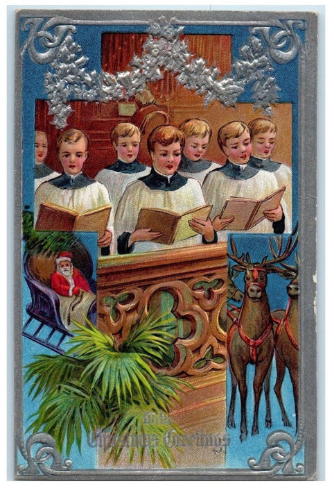 c1910's Christmas Greetings Boys Choir Embossed Nash Posted Antique Postcard