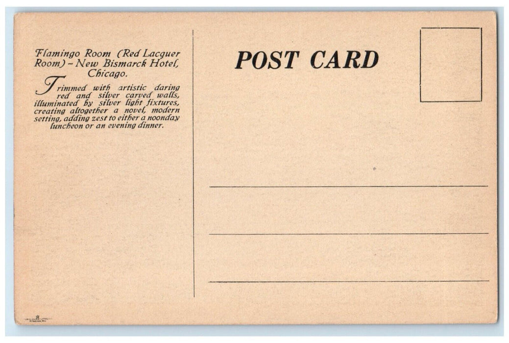 1910 Flamingo Room Red Lacquer Room New Bismarck Hotel Chicago Illinois Postcard