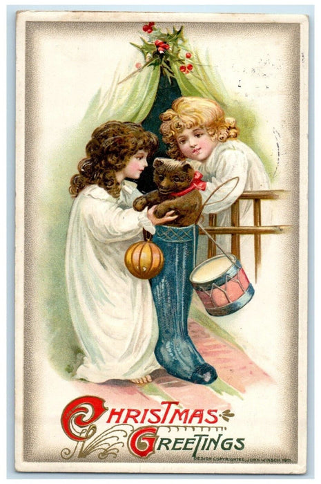 1911 Christmas Greetings Girls Toys In Stocking Berries John Winsch Postcard