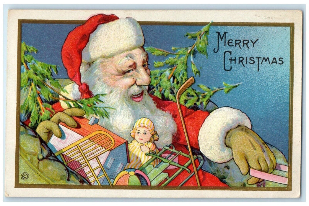 c1910's Christmas Santa Claus With Toys Embossed Posted Antique Postcard