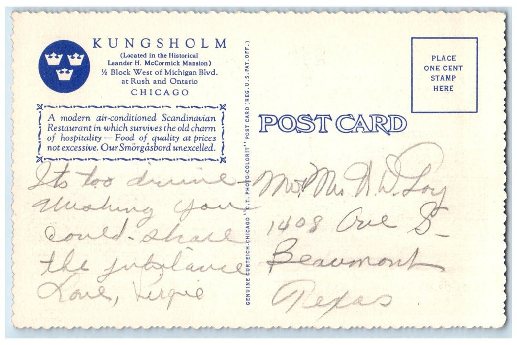 c1940 Lauritz Melchior Room Kungsholm Restaurant Chicago Illinois Linen Postcard