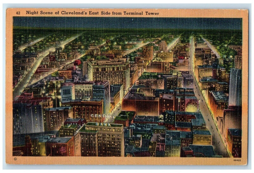 1944 Night Scene Cleveland East Side Terminal Tower Buildings Ohio OH Postcard