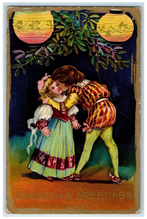 1910 Christmas Greetings Little Sweetheart Under Mistletoe Embossed Postcard