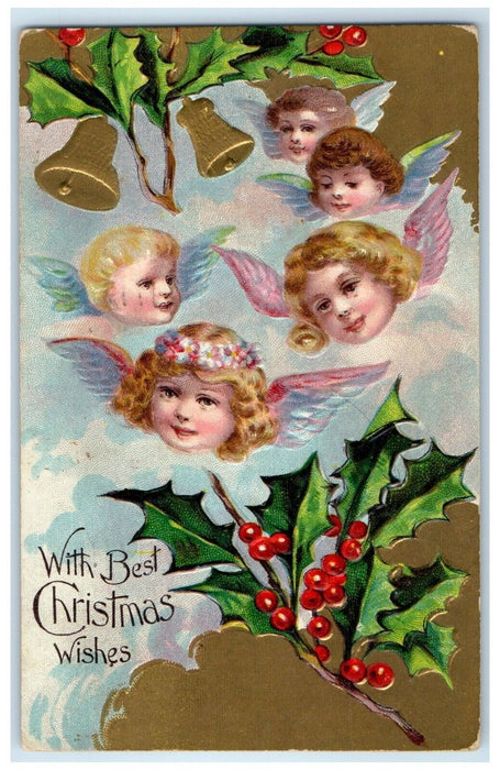 1911 Christmas Holly Berries Angels Head Ringing Bells Embossed Antique Postcard