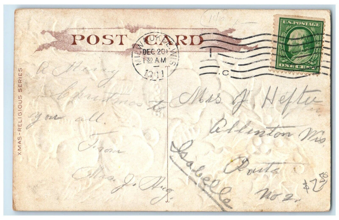 1911 Christmas Holly Berries Angels Head Ringing Bells Embossed Antique Postcard