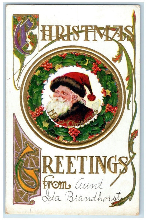 c1910's Christmas Greetings Santa Claus Holly Berries Whreat Gerald MO Postcard