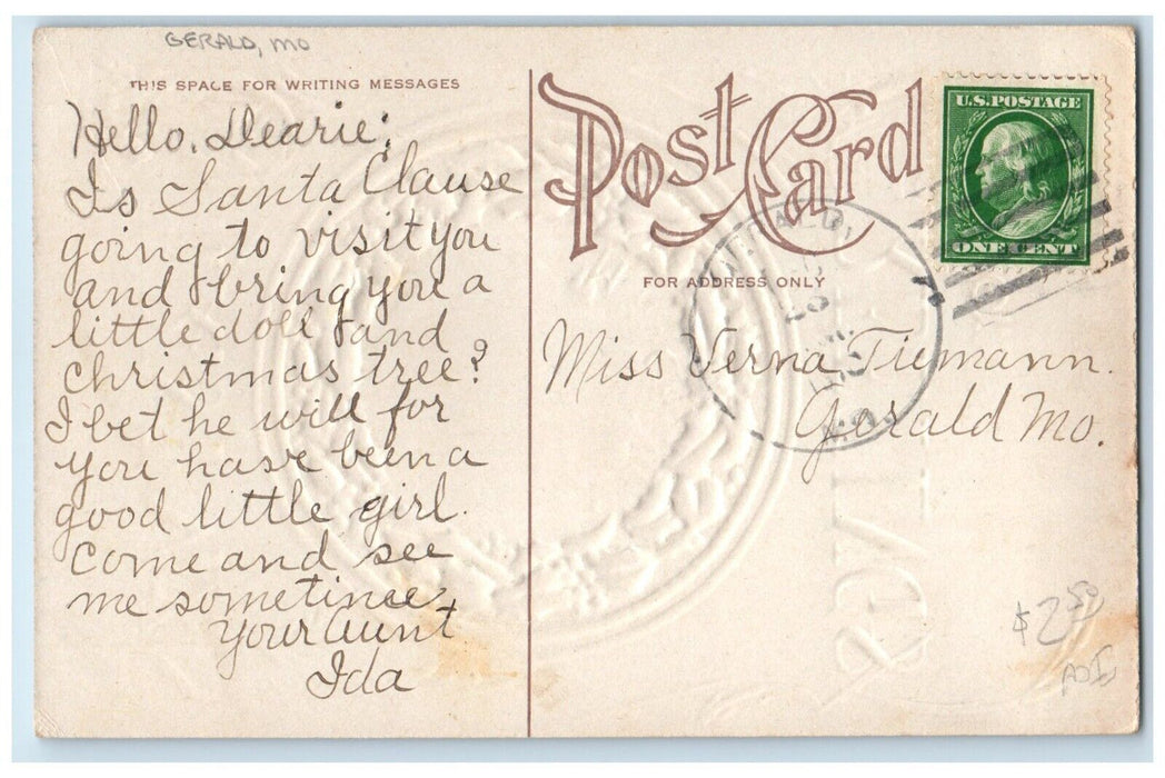 c1910's Christmas Greetings Santa Claus Holly Berries Whreat Gerald MO Postcard