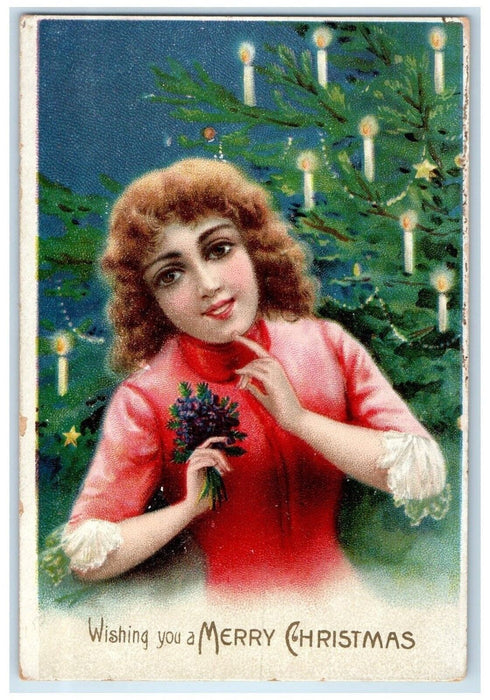 c1910's Christmas Tree Candle Lights Woman Curly Hair Embossed Antique Postcard