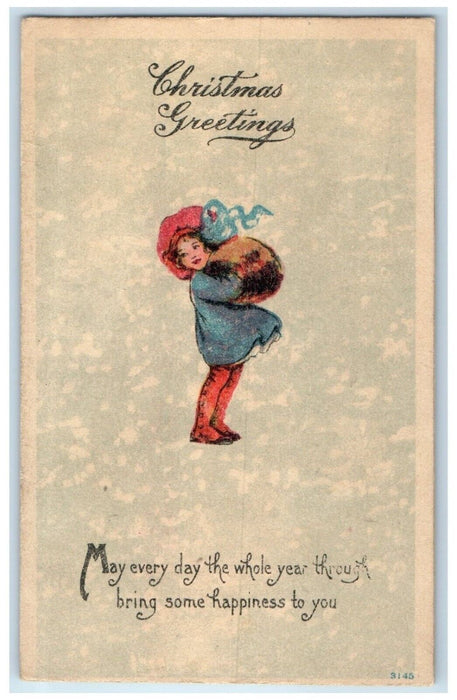 c1910's Christmas Greetings Little Girl Bonnet Posted Antique Postcard
