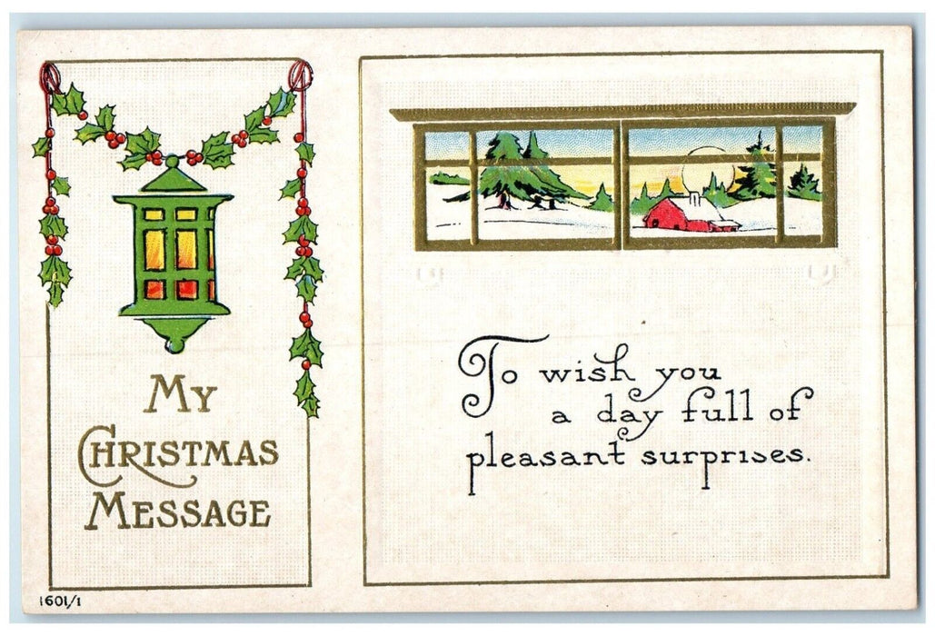 c1910s Christmas Message Art Crafts House Winter Scene Berries Embossed Postcard