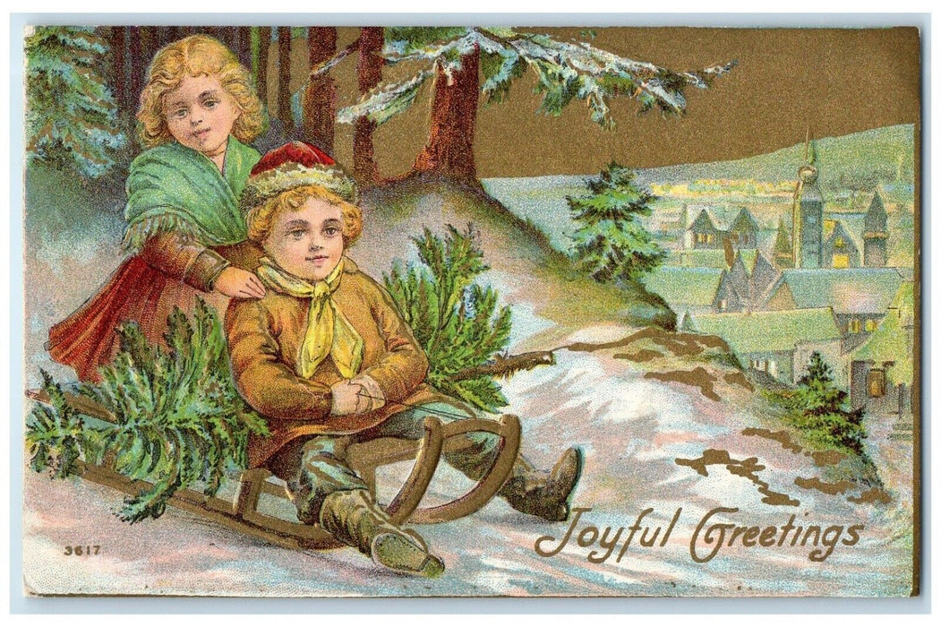 c1910's Joyful Christmas Greetings Sledding Winter Embossed Antique Postcard