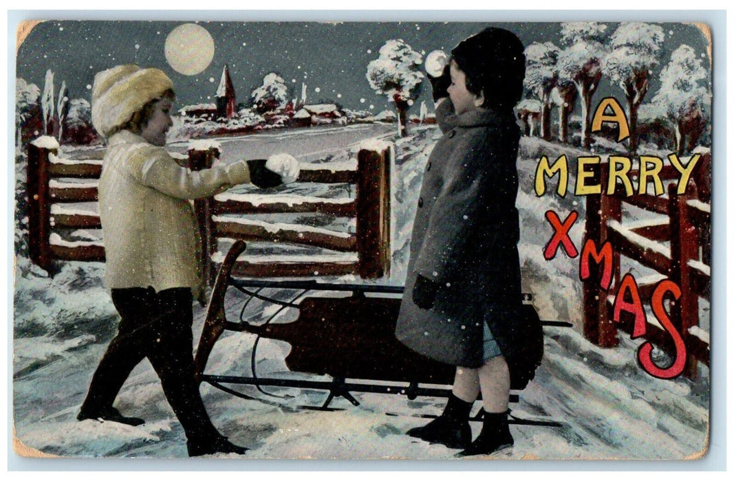 c1910's Christmas Boys Playing Snowball Winter Scene Canton SD Antique Postcard