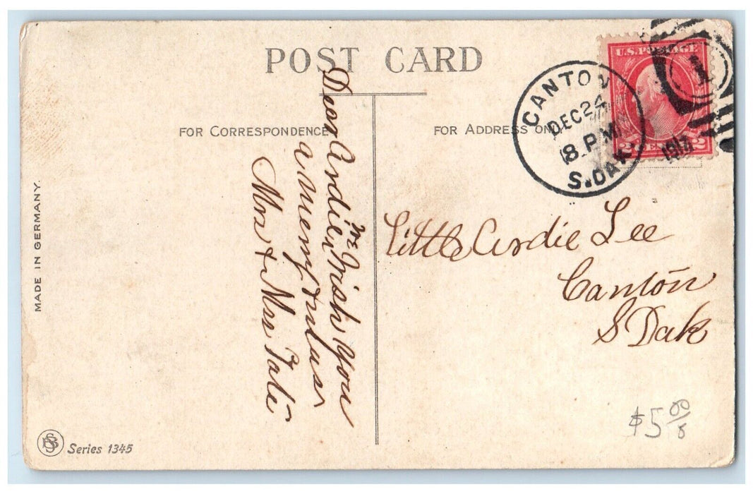 c1910's Christmas Boys Playing Snowball Winter Scene Canton SD Antique Postcard