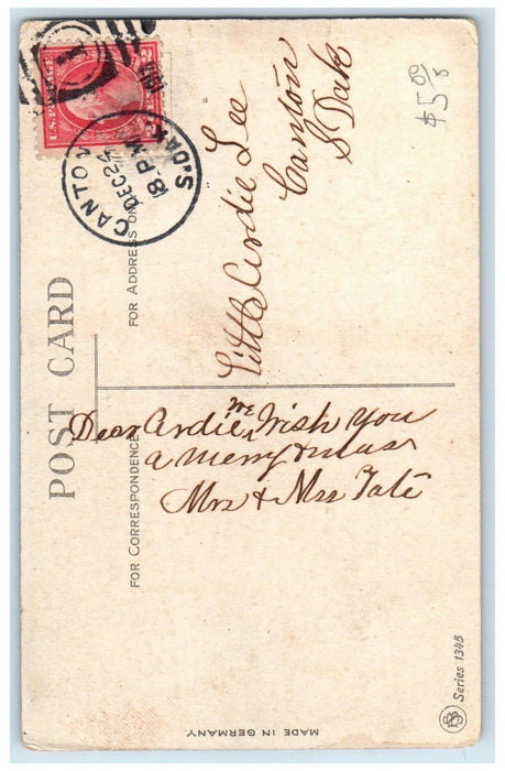 c1910's Christmas Boys Playing Snowball Winter Scene Canton SD Antique Postcard