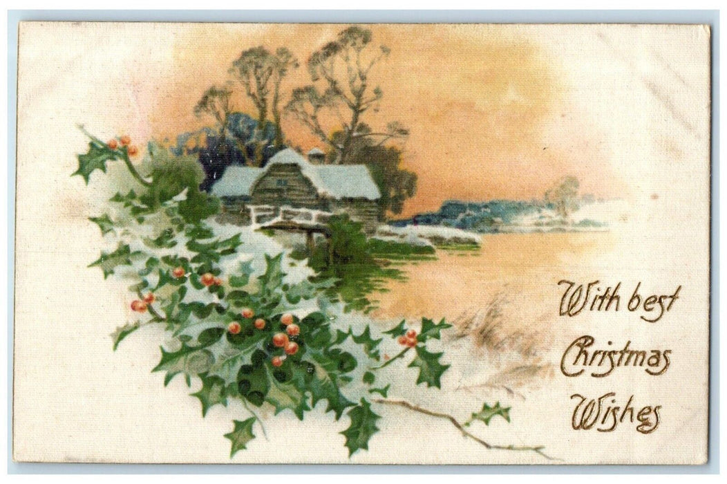 c1910s Christmas Holly Berries And House Scene Winsch Back Silk Antique Postcard