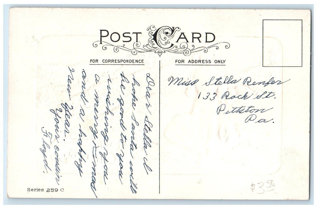 c1910's Christmas Girl Pulling Children Sled Winter Embossed Antique Postcard