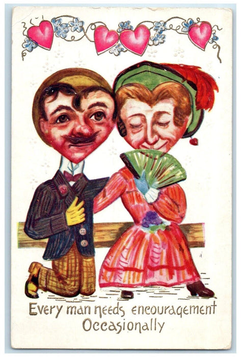 1910 Valentine Couple Romance Heart Faces Fan Embossed Lincoln NE Postcard