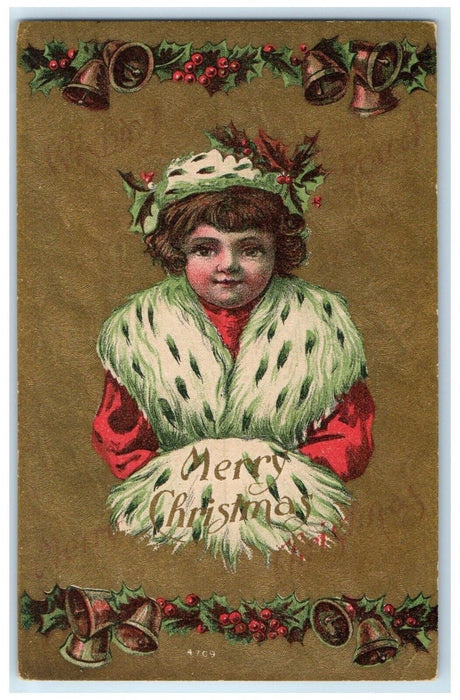 c1910's Christmas Boy Holly Berries Ringing Bells Unposted Antique Postcard