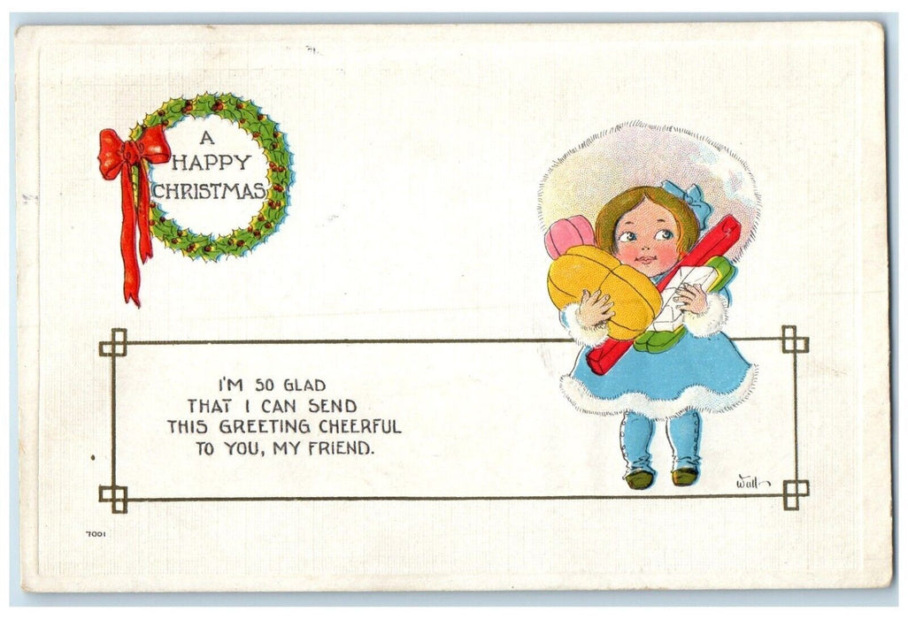c1910s Christmas Greeting Whreat Berries Little Girl Holding Gifts Wall Postcard